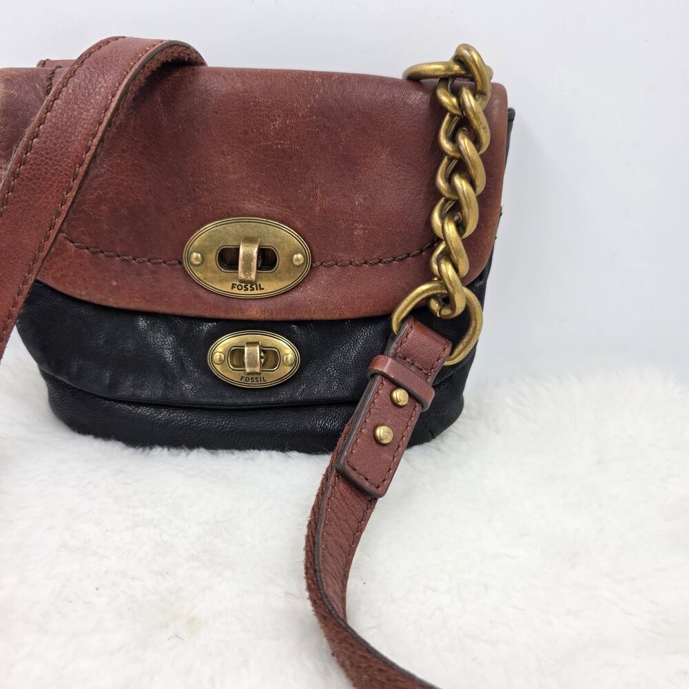 Fossill 2-Tone 7"x6" Foldover Crossbody Bag Chuncky Brass Chain & Clasp Accent